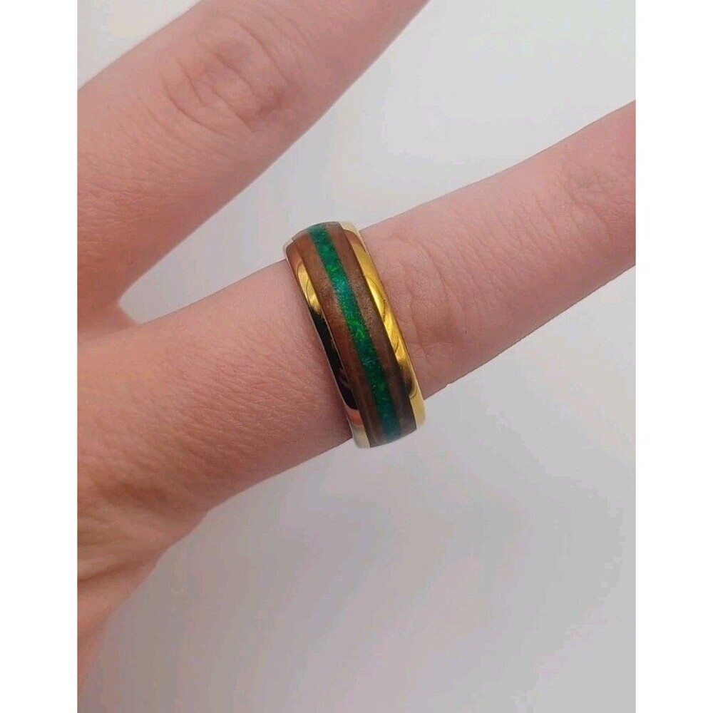 Men's Wedding Ring Yellow Gold Tungsten Green Malachite Hawaiian Koa Wood -Read